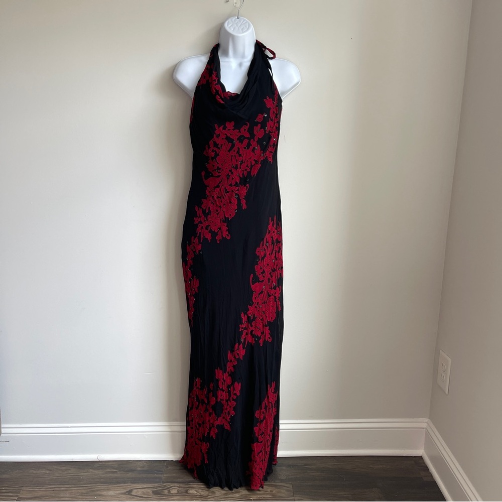 Vintage Eva Blue Halter Black and Red Floral Sequin Embellished Dress
